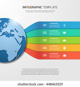 Infographic template with globe for graphs, charts, diagrams. Business, education, technology and transportation concept with 5 options, parts, steps, processes.