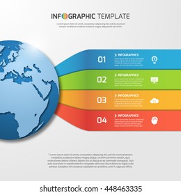 Infographic template with globe for graphs, charts, diagrams. Business, education, technology and transportation concept with 4 options, parts, steps, processes.