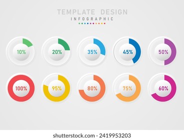 Infographic template The gradient circle has a gray button in the middle and percentage numbers on top. The bottom circle is divided into several colored sections with a gray gradient background.