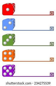 Infographic template for grapfical presentation of the working process in five steps with dices (one, two, three, four, five) and check marker. Business concept for learning, training, education