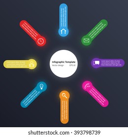 Infographic template with halftone effect, various icons on dark background