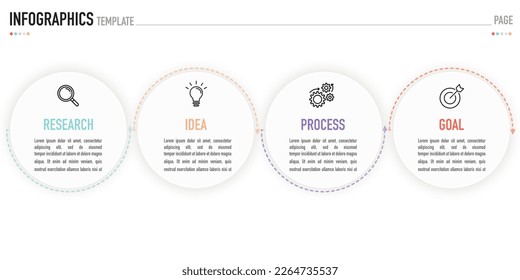 Infographic template has 4 elements including research, idea, process and goal, with icons and colorful line arrow on white background for business presentation and shadow, simple and minimal style.