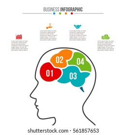 Infographic template with head, brain and business icons. Vector illustration. Can be used for workflow layout, diagram, business step options, banner, web design.