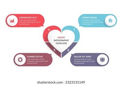 Plantilla infográfica con corazón dividido en cuatro elementos con lugar para el texto y los iconos, vectorial eps10 ilustración