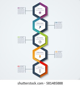 Infographic template of hexagonal elements. Vertical timeline concept with 5 options, steps, parts, segments. Vector banner for web, workflow layout, diagram, chart, annual report