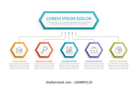 Infographic template with hexagons with main idea and 5 steps or options, workflow, process chart, vector eps10 illustration