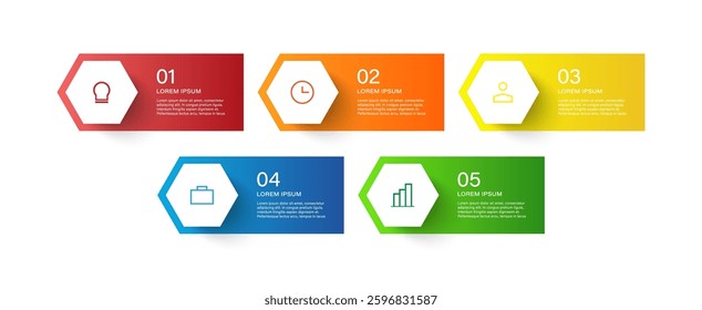 Infographic template with hexagons and space for text. Five steps or options