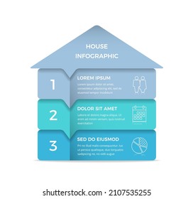 Plantilla infográfica con casa dividida en tres elementos con lugar para texto e iconos, vector eps10 ilustración