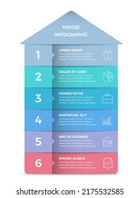 Plantilla infográfica con casa dividida en seis elementos con lugar para texto e iconos, vector eps10 ilustración