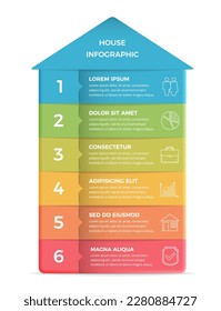 Plantilla infográfica con casa dividida en seis elementos con lugar para texto e iconos, vector eps10 ilustración