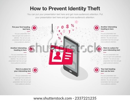 Infographic template for how to prevent identity theft. 6 stages template with a fishing hook stealing someone personal information from his smartphone as a main symbol.