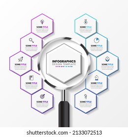 Infographic template with icons and 10 options or steps. Hexagons. Can be used for workflow layout, diagram, banner, webdesign. Vector illustration