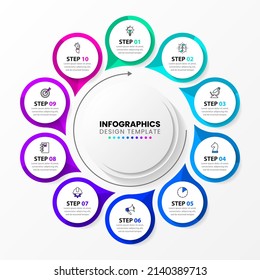 Infografische Vorlage mit Symbolen und 10 Optionen oder Schritten. Kreis. Kann für Workflow-Layout, Diagramm, Banner, Webdesign verwendet werden. Vektorgrafik