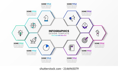 Infographic template with icons and 10 options or steps. Hexagon. Can be used for workflow layout, diagram, banner, webdesign. Vector illustration