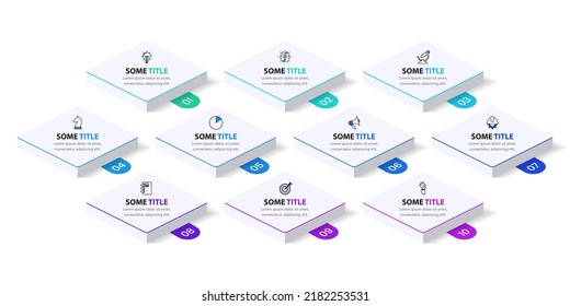 Infographic template with icons and 10 options or steps. Squares. Can be used for workflow layout, diagram, banner, webdesign. Vector illustration