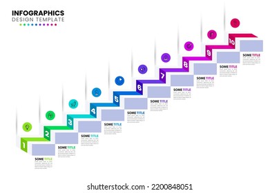 Infographic template with icons and 10 options or steps. Stairs. Can be used for workflow layout, diagram, banner, webdesign. Vector illustration