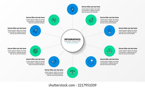 Plantilla de infografía con iconos y 10 opciones o pasos. Círculo. Se puede utilizar para diseño de flujo de trabajo, diagrama, banner, diseño web. Ilustración del vector