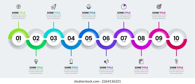 Infografische Vorlage mit Symbolen und 10 Optionen oder Schritten. Kann für Workflow-Layout, Diagramm, Banner, Webdesign verwendet werden. Vektorgrafik