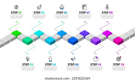 Infographic template with icons and 10 options or steps. Isometric timeline. Can be used for workflow layout, diagram, banner, webdesign. Vector illustration