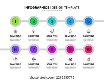 Infographic template with icons and 10 options or steps. A 2-row timeline. Can be used for workflow layout, diagram, banner, webdesign. Vector illustration