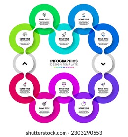 Infographic template with icons and 10 options or steps. Connected Circles. Can be used for workflow layout, diagram, webdesign. Vector illustration