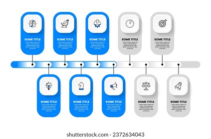 Plantilla de infografía con iconos y 10 opciones o pasos. Línea. Se puede utilizar para diseño de flujo de trabajo, diagrama, banner, diseño web. Ilustración del vector