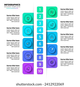 Infographic template with icons and 10 options or steps. Vertical line. Can be used for workflow layout, diagram, banner, webdesign. Vector illustration