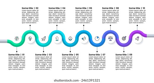 Infographic template with icons and 10 options or steps. Timeline. Can be used for workflow layout, diagram, banner, webdesign. Vector illustration