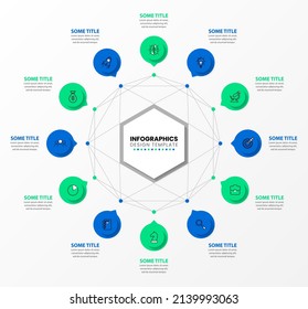 Infografische Vorlage mit Symbolen und 12 Optionen oder Schritten. Hexagon. Kann für Workflow-Layout, Diagramm, Banner, Webdesign verwendet werden. Vektorgrafik