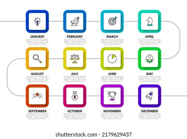 Infografische Vorlage mit Symbolen und 12 Optionen oder Schritten. Kalender. Kann für Workflow-Layout, Diagramm, Banner, Webdesign verwendet werden. Vektorgrafik