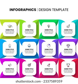 Infographic template with icons and 12 options or steps. Abstract squares. Can be used for workflow layout, diagram, banner, webdesign. Vector illustration