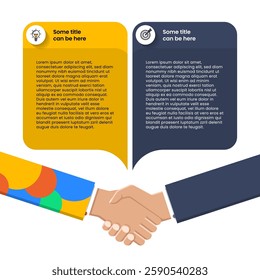 Infographic template with icons and 2 options or steps. Handshake. Can be used for workflow layout, diagram, banner, webdesign. Vector illustration