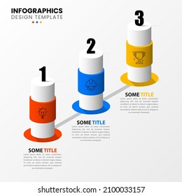 Plantilla de infografía con iconos y 3 opciones o pasos. Columna isométrica. Se puede utilizar para diseño de flujo de trabajo, diagrama, banner, diseño web. Ilustración del vector