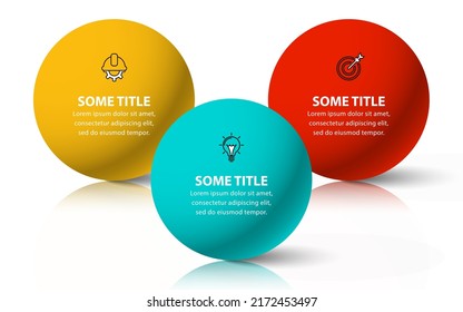Plantilla de infografía con iconos y 3 opciones o pasos. Bolas. Se puede utilizar para diseño de flujo de trabajo, diagrama, banner, diseño web. Ilustración del vector
