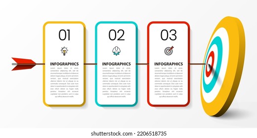 Plantilla de infografía con iconos y 3 opciones o pasos. Dart. Se puede utilizar para diseño de flujo de trabajo, diagrama, banner, diseño web. Ilustración del vector