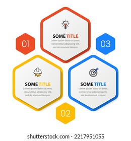 Infographic template with icons and 3 options or steps. Hexagon. Can be used for workflow layout, diagram, banner, webdesign. Vector illustration