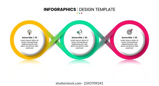 Plantilla de infografía con iconos y 3 opciones o pasos. Círculos vinculados. Se puede utilizar para diseño de flujo de trabajo, diagrama, banner, diseño web. Ilustración del vector