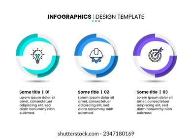 Plantilla de infografía con iconos y 3 opciones o pasos. Círculos abstractos. Se puede utilizar para diseño de flujo de trabajo, diagrama, banner, diseño web. Ilustración del vector