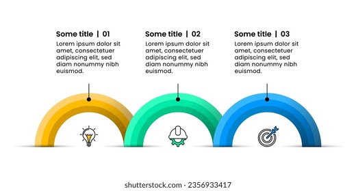 Plantilla de infografía con iconos y 3 opciones o pasos. Semicírculos. Se puede utilizar para diseño de flujo de trabajo, diagrama, banner, diseño web. Ilustración del vector