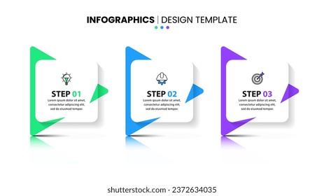 Plantilla de infografía con iconos y 3 opciones o pasos. Flechas abstractas. Se puede utilizar para diseño de flujo de trabajo, diagrama, banner, diseño web. Ilustración del vector