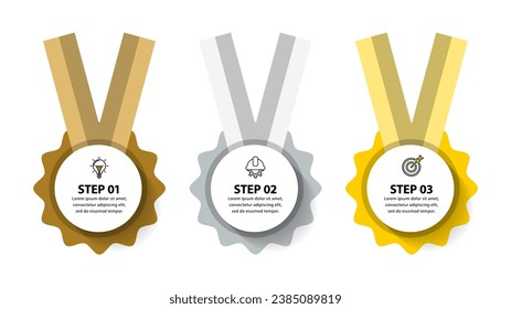 Infographic template with icons and 3 options or steps. Medal. Can be used for workflow layout, diagram, banner, webdesign. Vector illustration