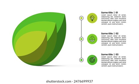 Infographic template with icons and 3 options or steps. Green leaves. Can be used for workflow layout, diagram, banner, webdesign. Vector illustration
