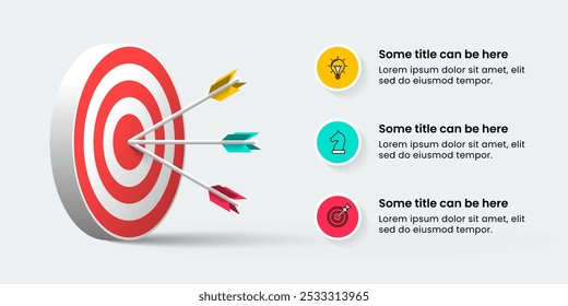 Modelo de infográfico com ícones e 3 opções ou etapas. Dartboard. Pode ser usado para layout de fluxo de trabalho, diagrama, banner, webdesign. Ilustração vetorial