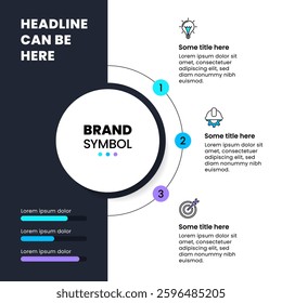 Infographic template with icons and 3 options or steps. Circle. Can be used for workflow layout, diagram, banner, webdesign. Vector illustration