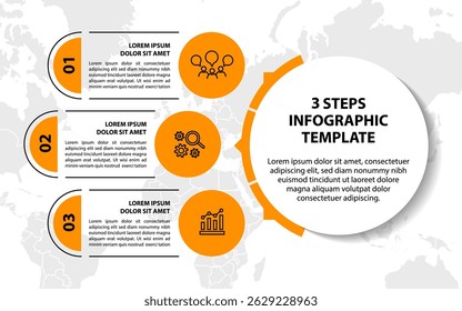 Template infographique avec icônes et 3 options ou 3 étapes. Peut être utilisé pour la mise en page du workflow, le diagramme, la chronologie, la bannière, la conception Web, le rapport d'entreprise, la présentation. Illustration vectorielle.