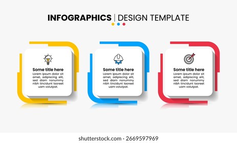 Modelo de infográfico com ícones e 3 opções ou etapas. Quadrados. Pode ser usado para layout de fluxo de trabalho, diagrama, banner, webdesign. Ilustração vetorial