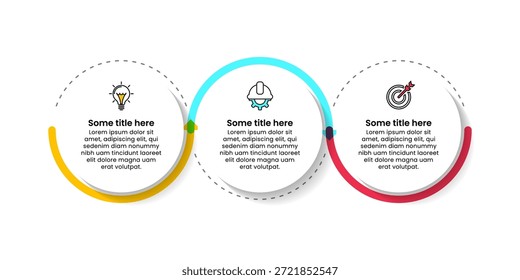 Infografik-Vorlage mit Symbolen und 3 Optionen oder Schritten. Verbundene Kreise. Kann für Workflow-Layout, Diagramm, Banner, Webdesign verwendet werden. Vektorgrafik