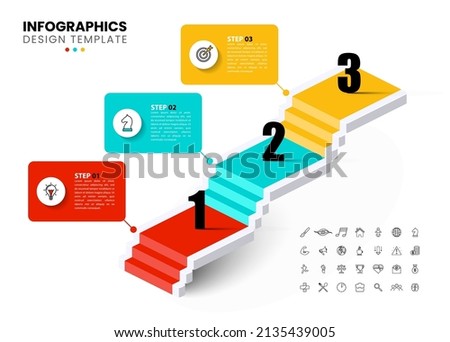Infographic template with icons and 3 options or steps. Staircase. Can be used for workflow layout, diagram, banner, webdesign. Vector illustration