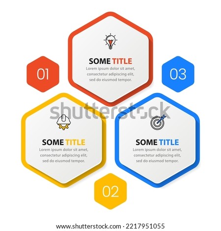 Infographic template with icons and 3 options or steps. Hexagon. Can be used for workflow layout, diagram, banner, webdesign. Vector illustration