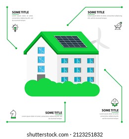 Plantilla de infografía con iconos y 4 opciones o pasos. Casa verde. Se puede utilizar para diseño de flujo de trabajo, diagrama, banner, diseño web. Ilustración del vector
